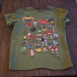 Mini Boden Olive Green Kids Short Sleeve Tee with Colorful Animal Print
